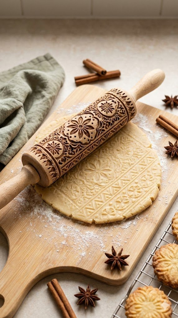 Wooden Rolling Pin With Floral Pattern Resting On Embossed Cookie Dough With Flour Dusting On Light Cutting Board.