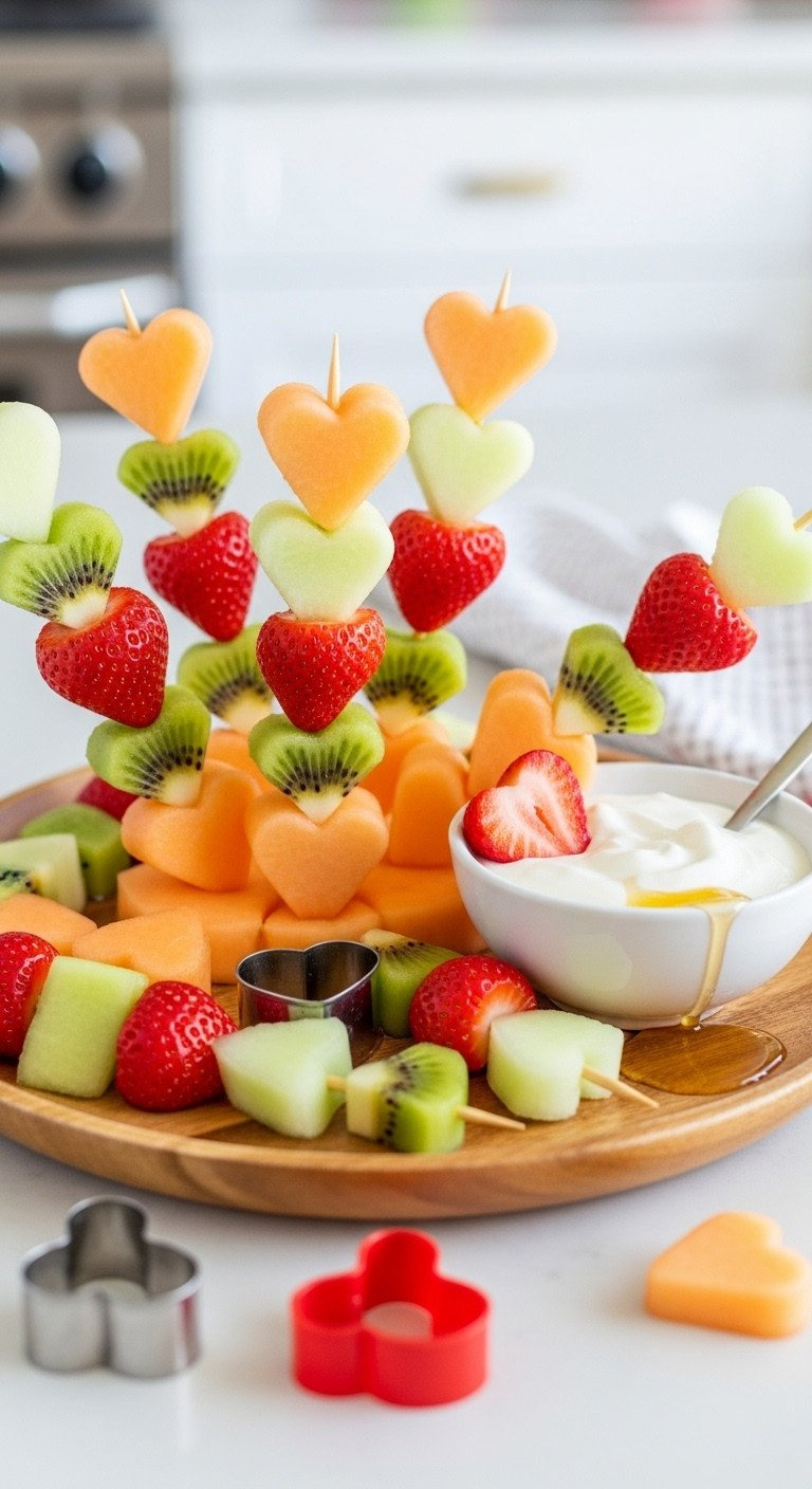 Wooden Skewers With Vibrant Heart-Shaped Fruit (Strawberries, Kiwi, Melon) And Creamy Greek Yogurt Dip On Light Platter.