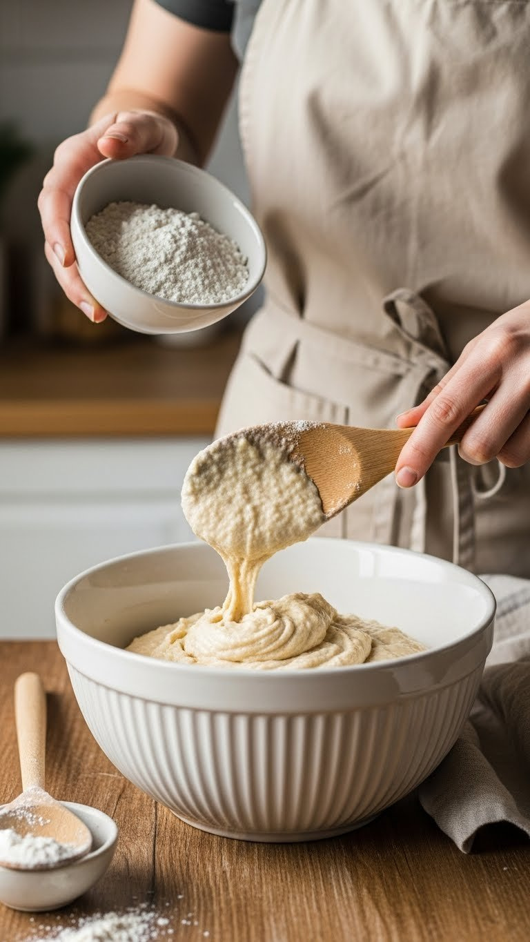 Wooden Spoon Folding Dry Ingredients Into Wet Banana Bread Batter On Rustic Table Showing Creamy Texture Formation