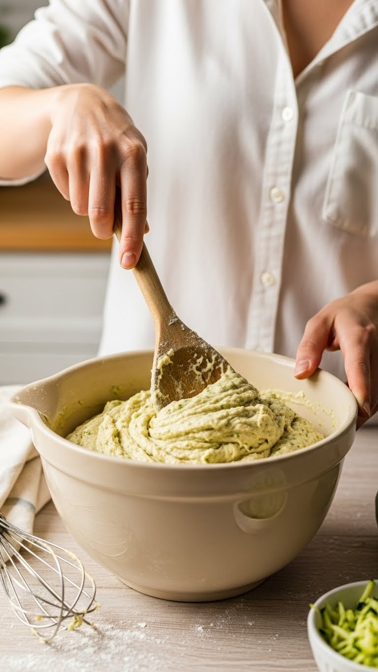 Wooden Spoon Gently Folding Zucchini Bread Batter In Ceramic Mixing Bowl With Visible Green Flecks And Minimal Mixing Technique.