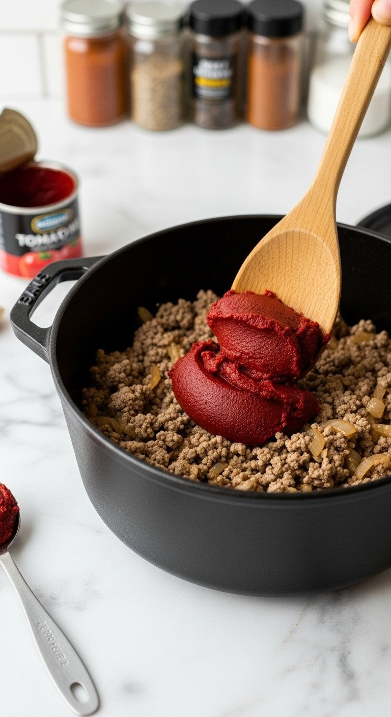 Wooden Spoon Incorporates Rich Tomato Paste Into Browning Meat And Onions In A Dutch Oven, Enhancing Savory Recipe Flavors.