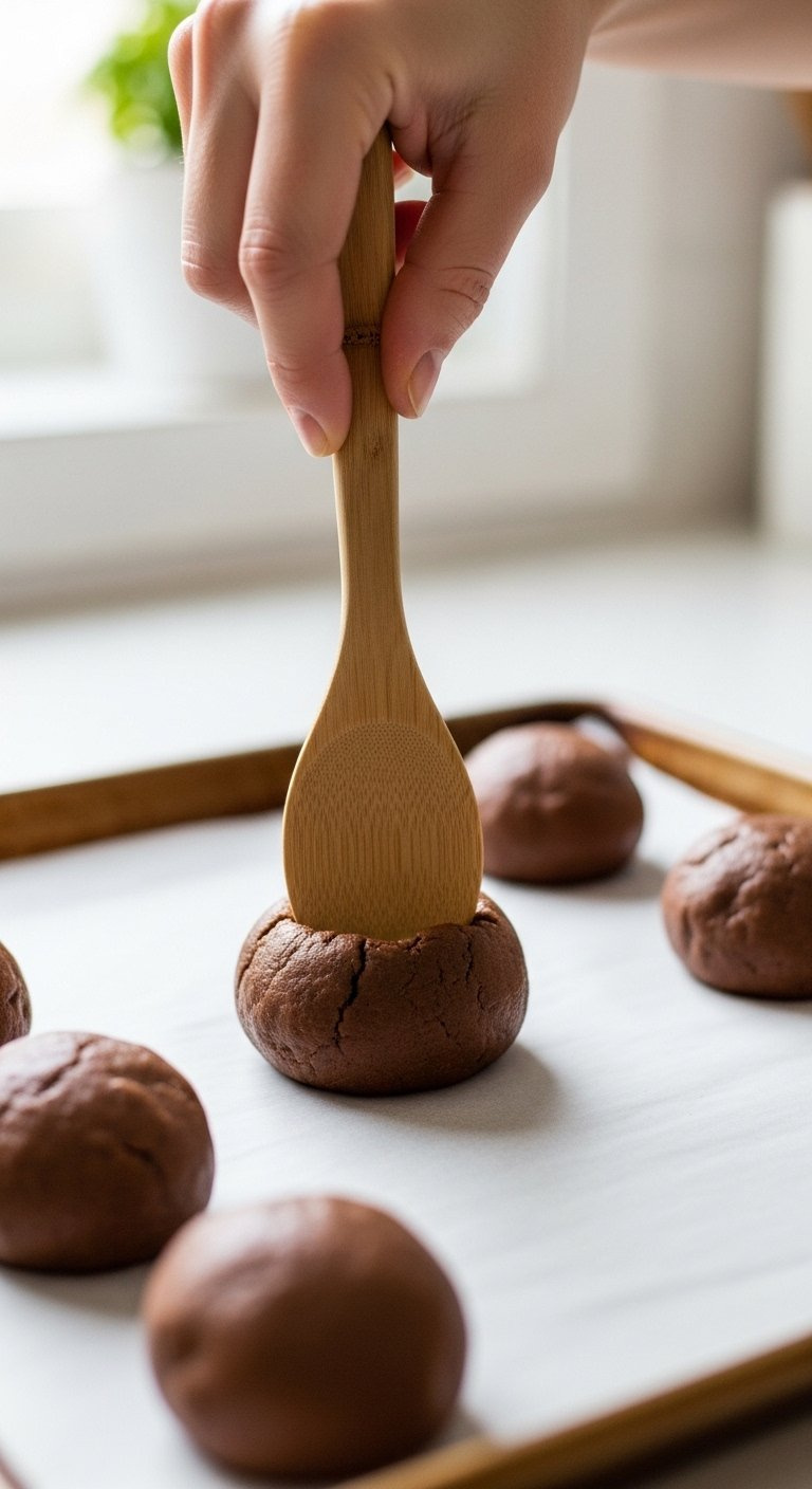 Wooden Spoon Pressing An Indentation Into A Chocolate Cookie Dough Ball On Parchment Paper.
