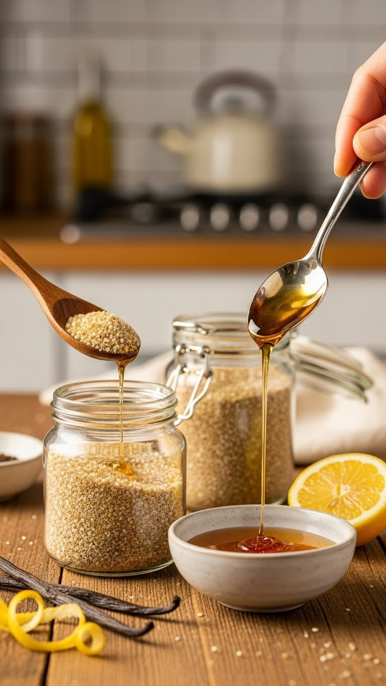 Wooden Spoon Scooping Erythritol Monk Fruit Blend With Maple Syrup Drizzle On Rustic Table