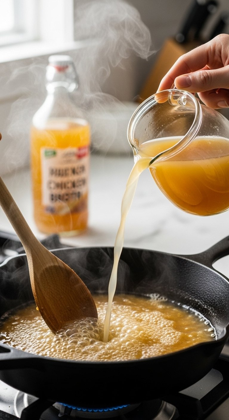 Wooden Spoon Scraping Browned Bits In A Cast Iron Skillet While Pouring Chicken Broth For Pan Sauce.