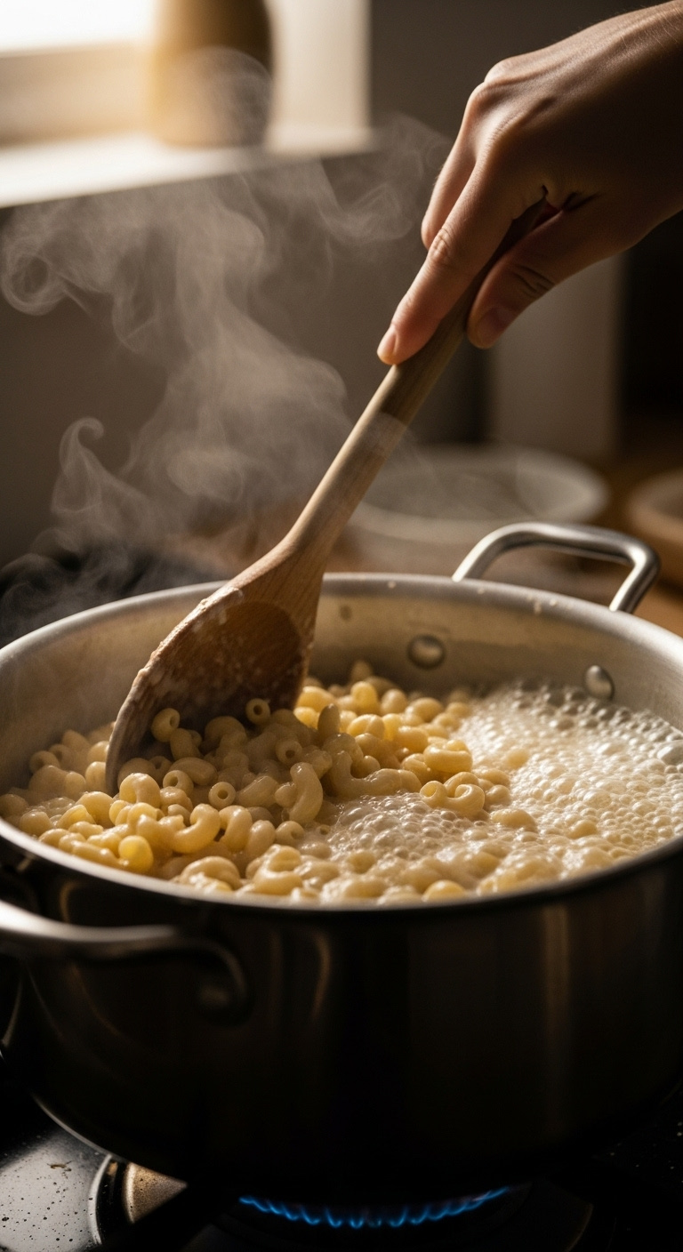 Wooden Spoon Stirring Macaroni Simmering In A Creamy White Sauce In A Pot For An Easy One-Pot Mac And Cheese Recipe