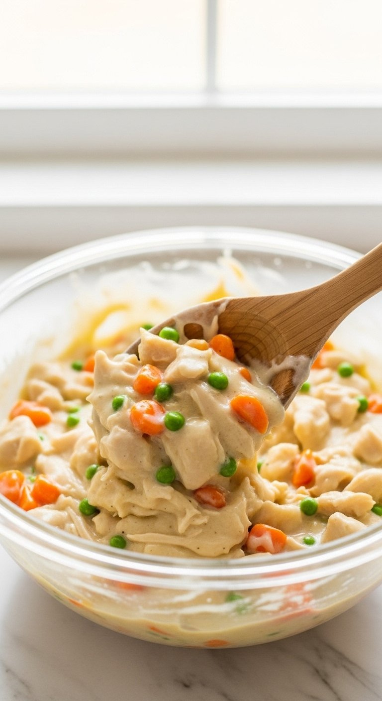 Wooden Spoon Stirring Thick Creamy Chicken Pot Pie Filling With Visible Chicken Chunks And Vegetables.