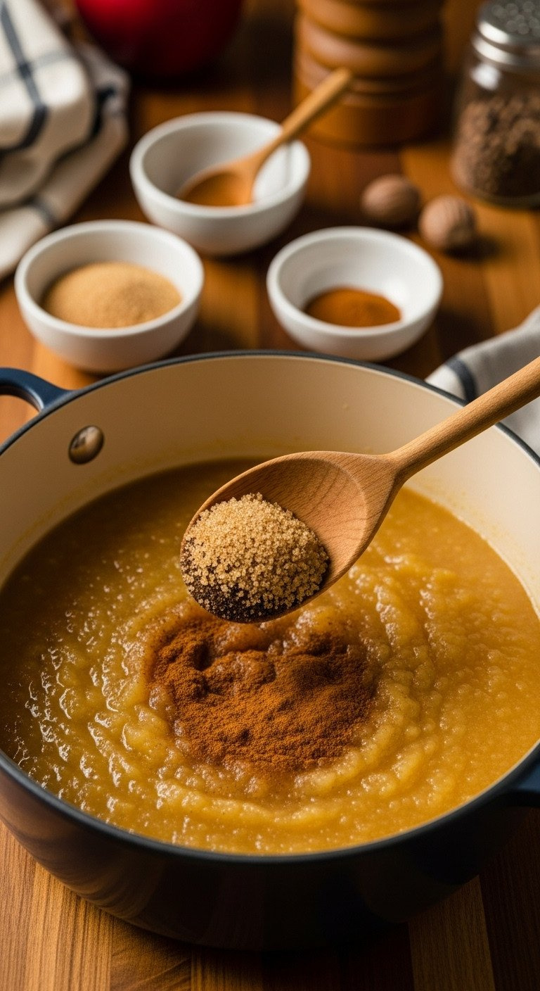 Wooden Spoon Stirs Brown Sugar &Amp; Cinnamon Into Applesauce In Pot On Butcher Block. Cozy Kitchen Spices.