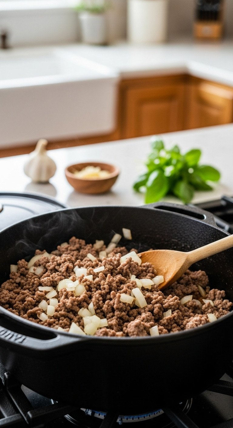 Wooden Spoon Stirs Browned Ground Beef, Italian Sausage, And Translucent Onions In A Dutch Oven, A Warm Kitchen Recipe Scene.