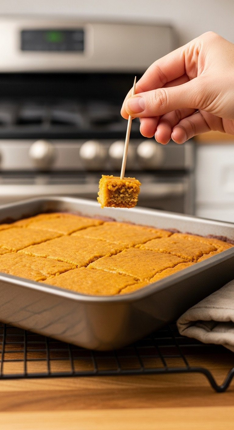 Wooden Toothpick Removed From Golden-Orange Pumpkin Bars In A Pan On A Cooling Rack, Showing Moist Crumbs, Testing Doneness.