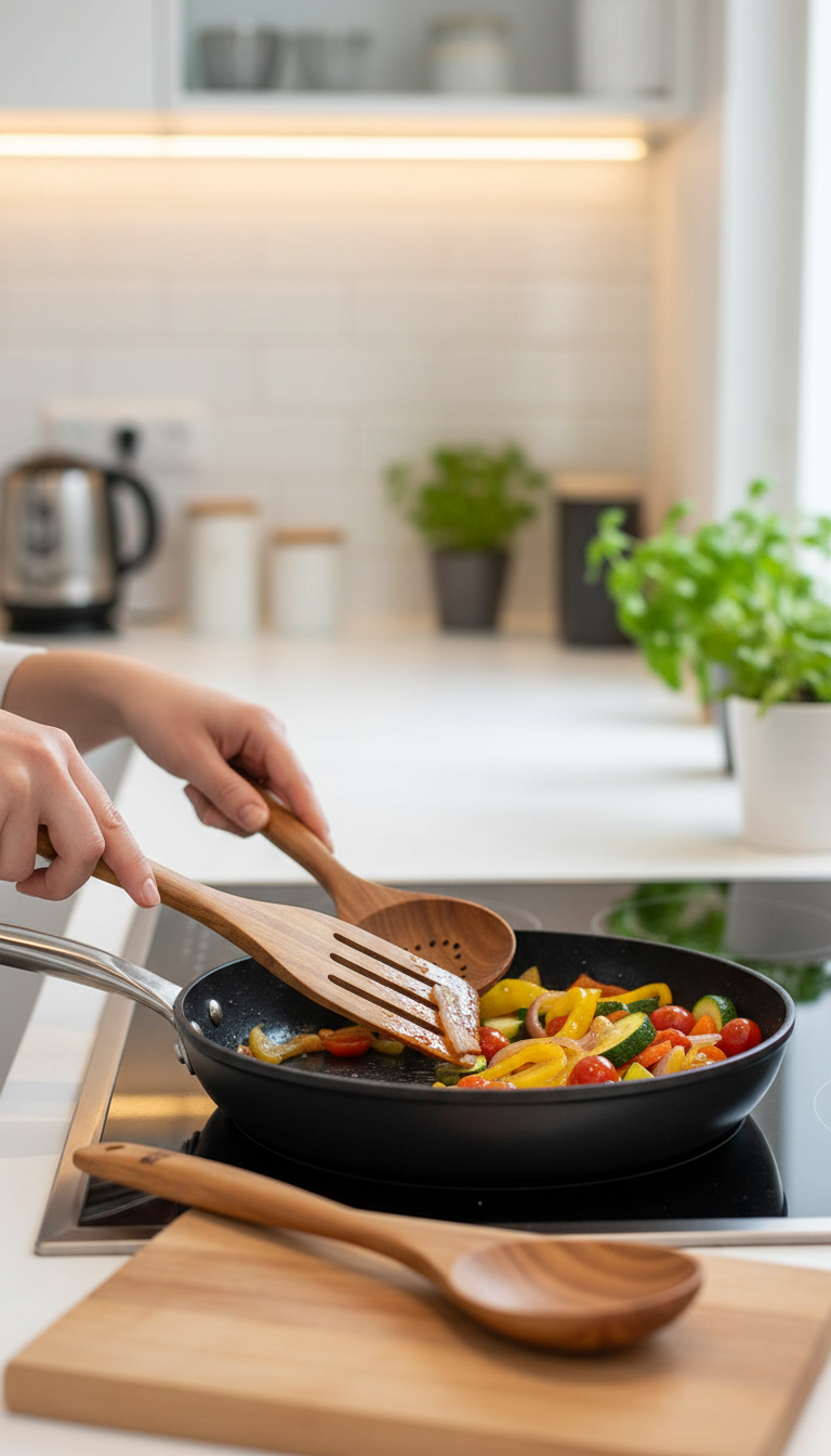 A Photo Showing The Woodenhouse Utensils In Action Next To A Cooking Pan, With Some Ingredients Visible To Illustrate A Real Testing Environment.