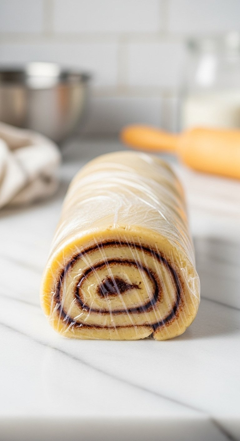Wrapped Cinnamon Roll Cookie Dough Log With Visible Spiral Pattern On White Marble Surface.