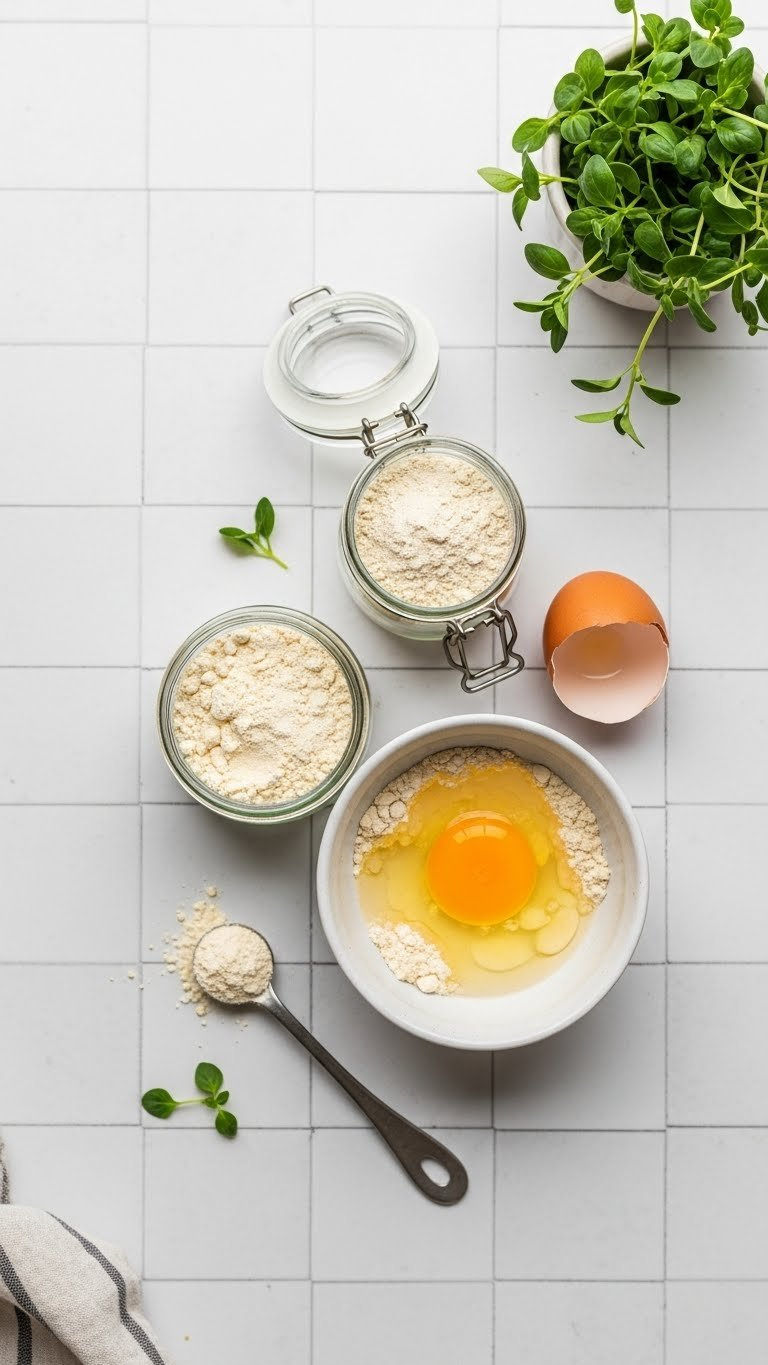 Xanthan Gum And Guar Gum Jars Arranged With Protein Powder Bowl And Cracked Egg For Baking Binding Ingredients