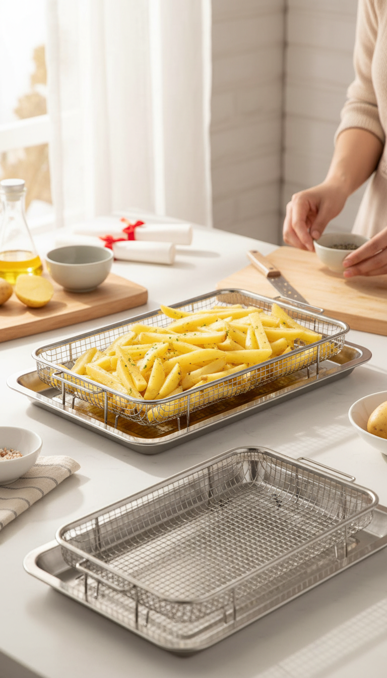 A Photo Showing The Xumilas Stainless Steel Air Fryer Basket Inside An Oven With Golden-Brown French Fries, Demonstrating It In A Real-World Testing Environment.