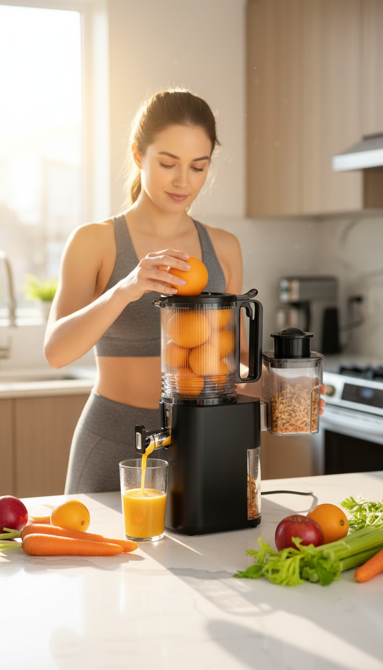 Yoyds Cold Press Juicer On A Kitchen Counter Surrounded By Whole Apples, Carrots, And Spinach, Showcasing The Testing Environment.