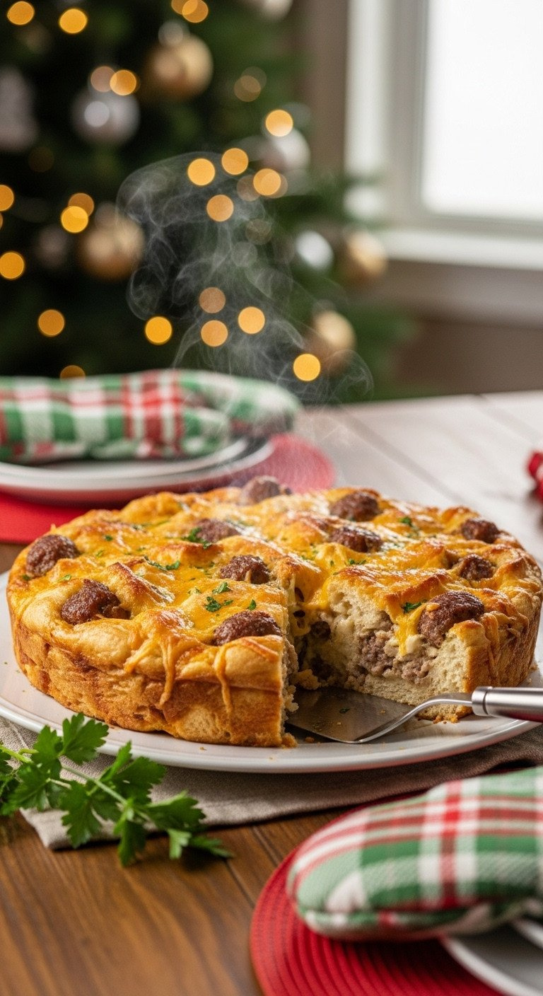 Yellow Egg Custard Being Poured From A Glass Bowl Over Layers Of Bread, Sausage, And Cheese In A White Baking Dish.