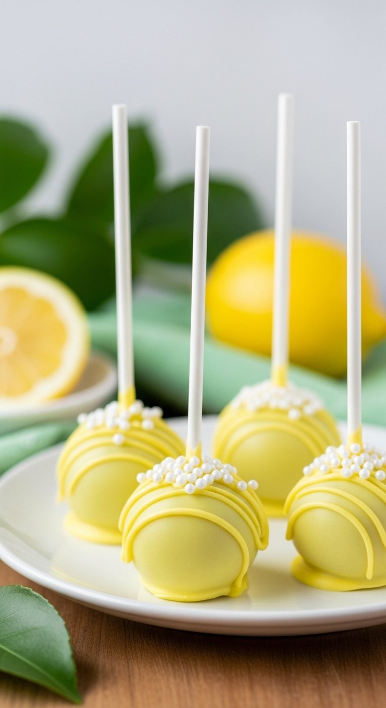 Yellow Lemon Cake Pop With White Sugar Pearls On A White Plate Set On A Natural Wood Surface.