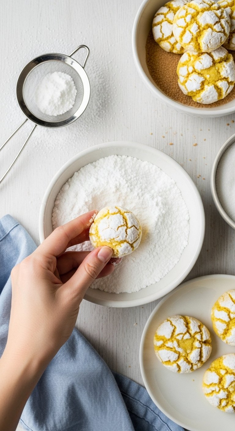 Yellow Lemon Cookie Dough Ball Being Coated Generously With White Powdered Sugar In A Shallow Bowl.