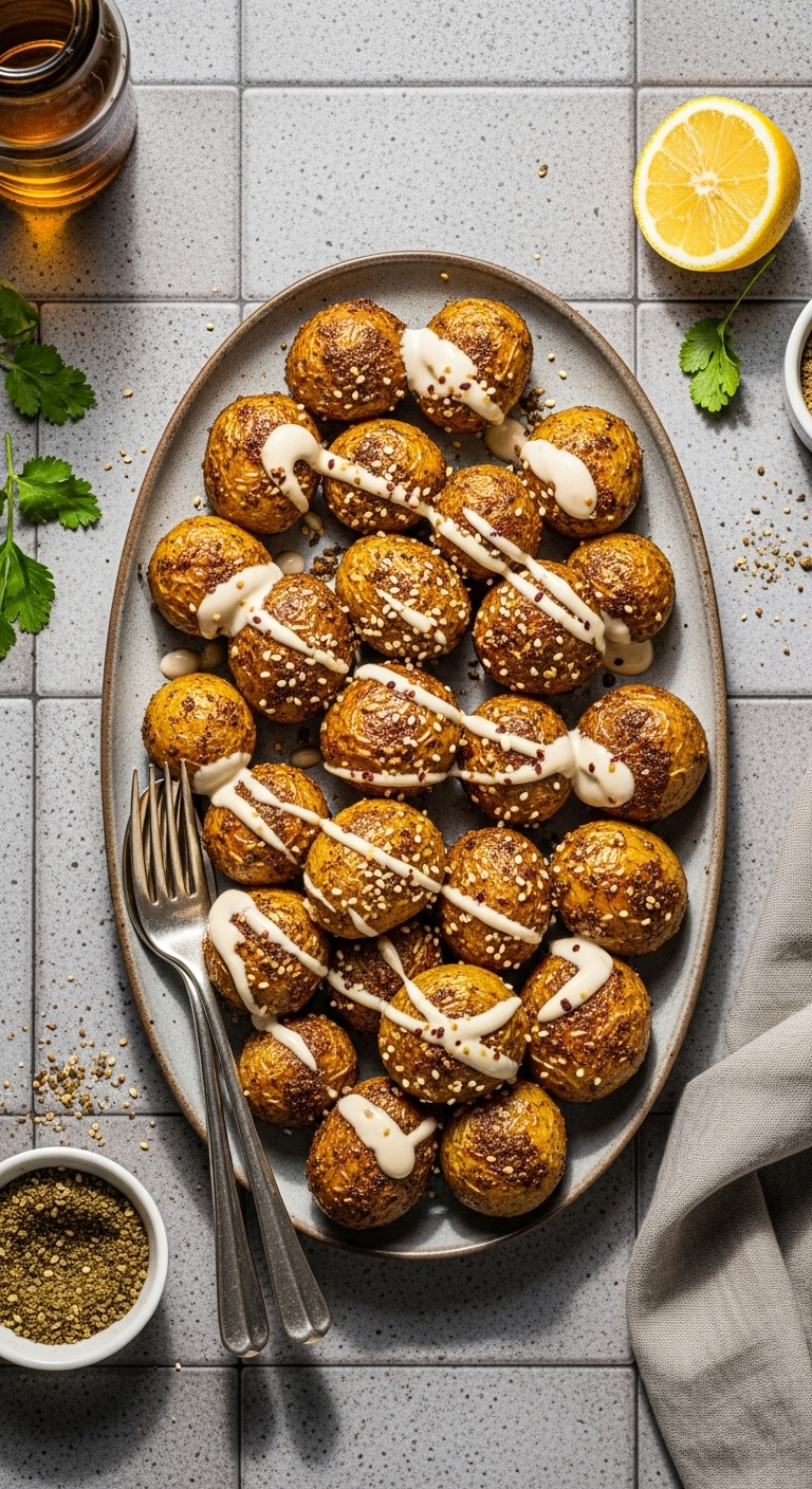 Za'atar Roasted Potatoes With Tahini Drizzle And Sumac On A Rustic Platter With Lemon And Spices