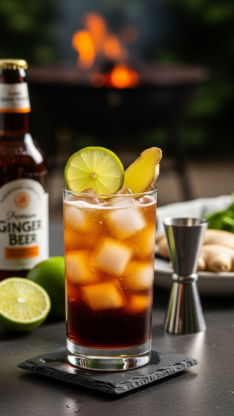 Zero-Proof Dark &Amp; Stormy Mocktail In Highball Glass With Layered Ginger Beer And Molasses Syrup On Slate Coaster