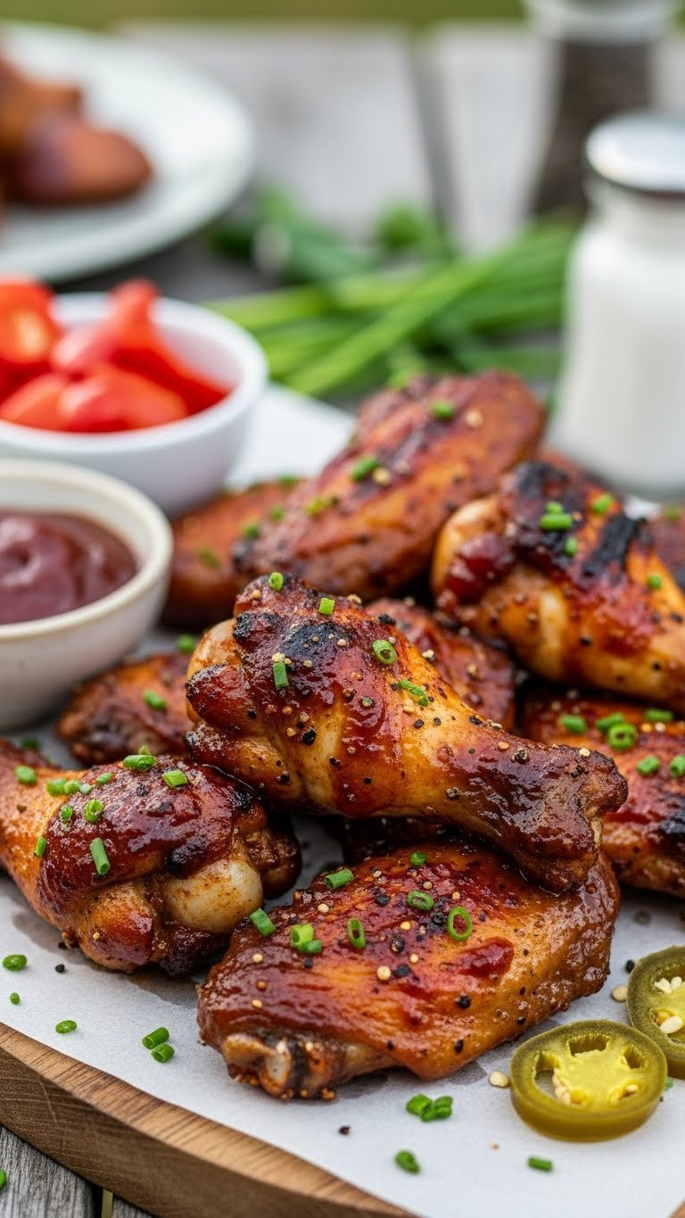 Zesty Bbq Baked Chicken Wings With Char Marks And Black Pepper On Rustic Wooden Picnic Board