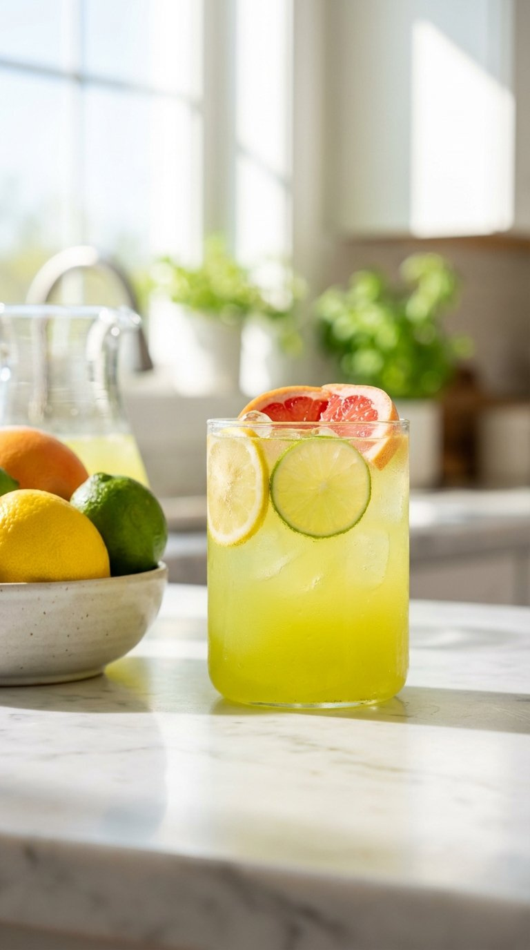 Zesty Citrus Tangy Lotus Energy Drink With Lemon, Lime, And Grapefruit Slices In Contemporary Glass
