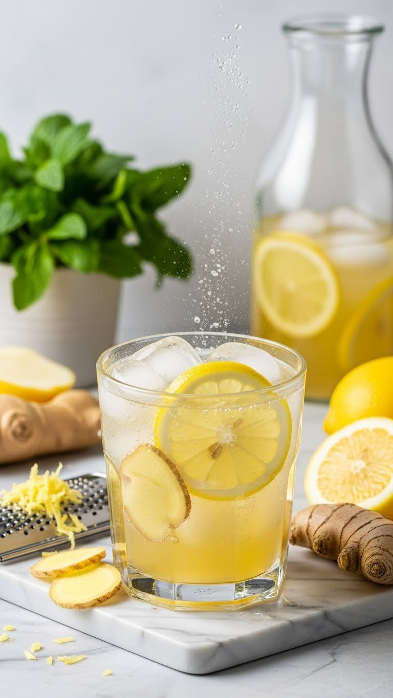 Zesty Ginger Apple Refresher With Fresh Ginger Slices And Lemon Wedge In Ice-Filled Glass On Marble Surface
