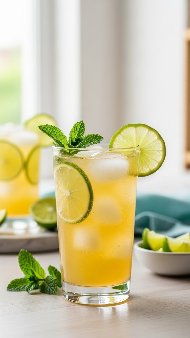Zesty Ginger Beer And Lime Mocktail With Fresh Mint Sprig In Highball Glass On Light Wood