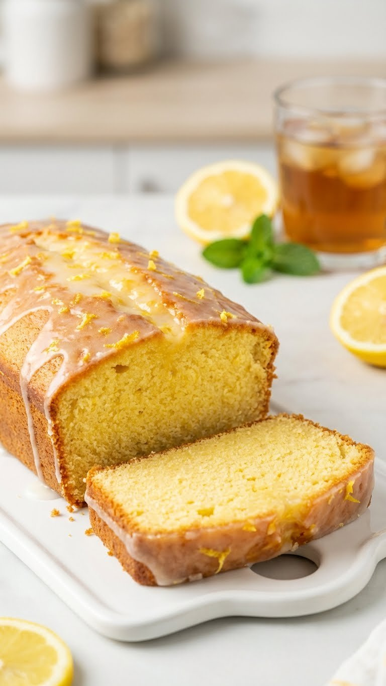 Zesty Lemon Drizzle Loaf Cake Slice With Glossy Glaze And Visible Lemon Zest On A White Platter, Accompanied By Fresh Lemons.