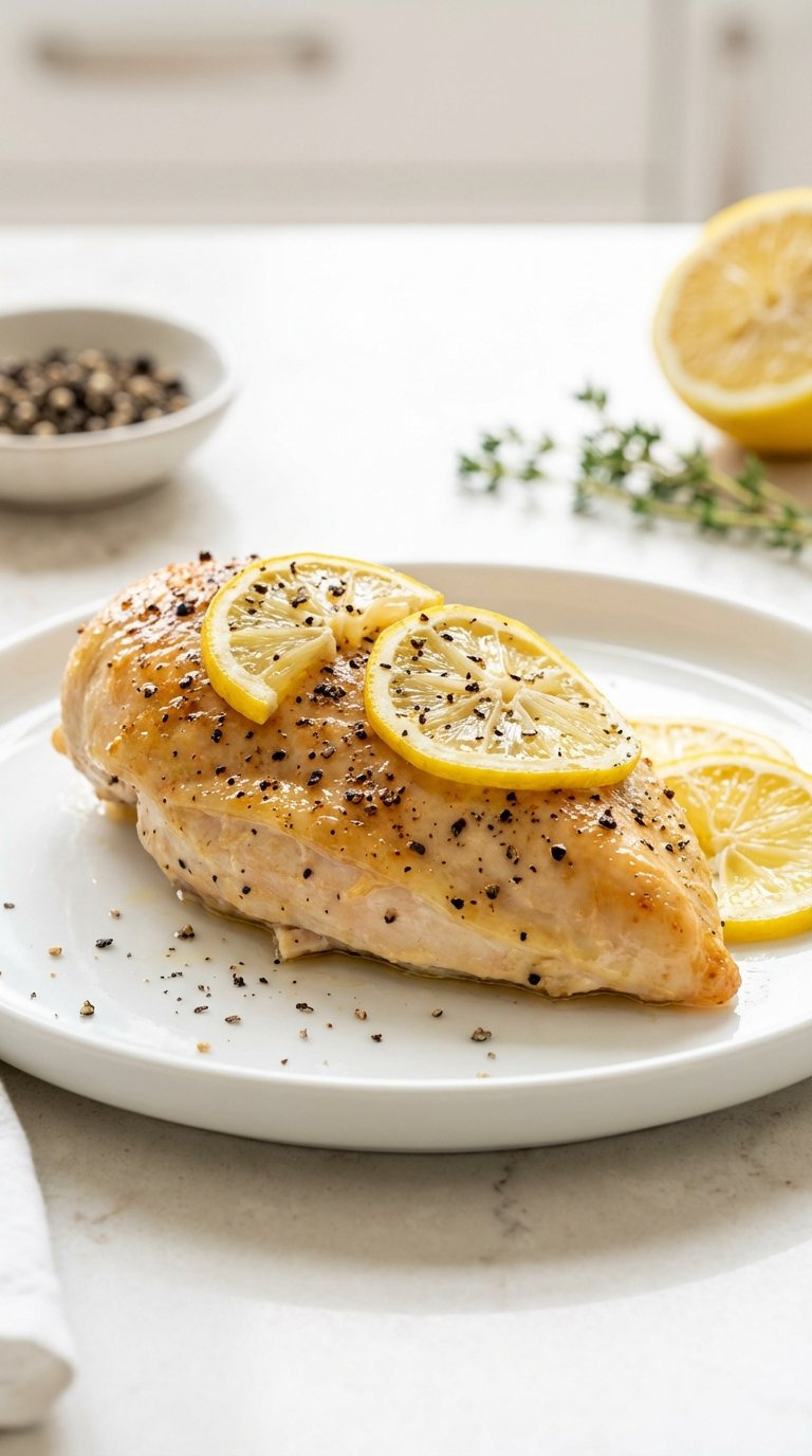 Zesty Lemon Pepper Baked Chicken Breast With Fresh Lemon Slices And Cracked Black Pepper On White Ceramic Plate