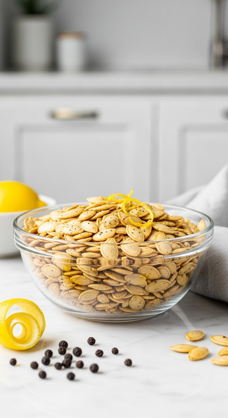 Zesty Lemon Pepper Roasted Pumpkin Seeds In A Sleek Glass Bowl On White Marble With Fresh Lemon Zest And Peppercorns.