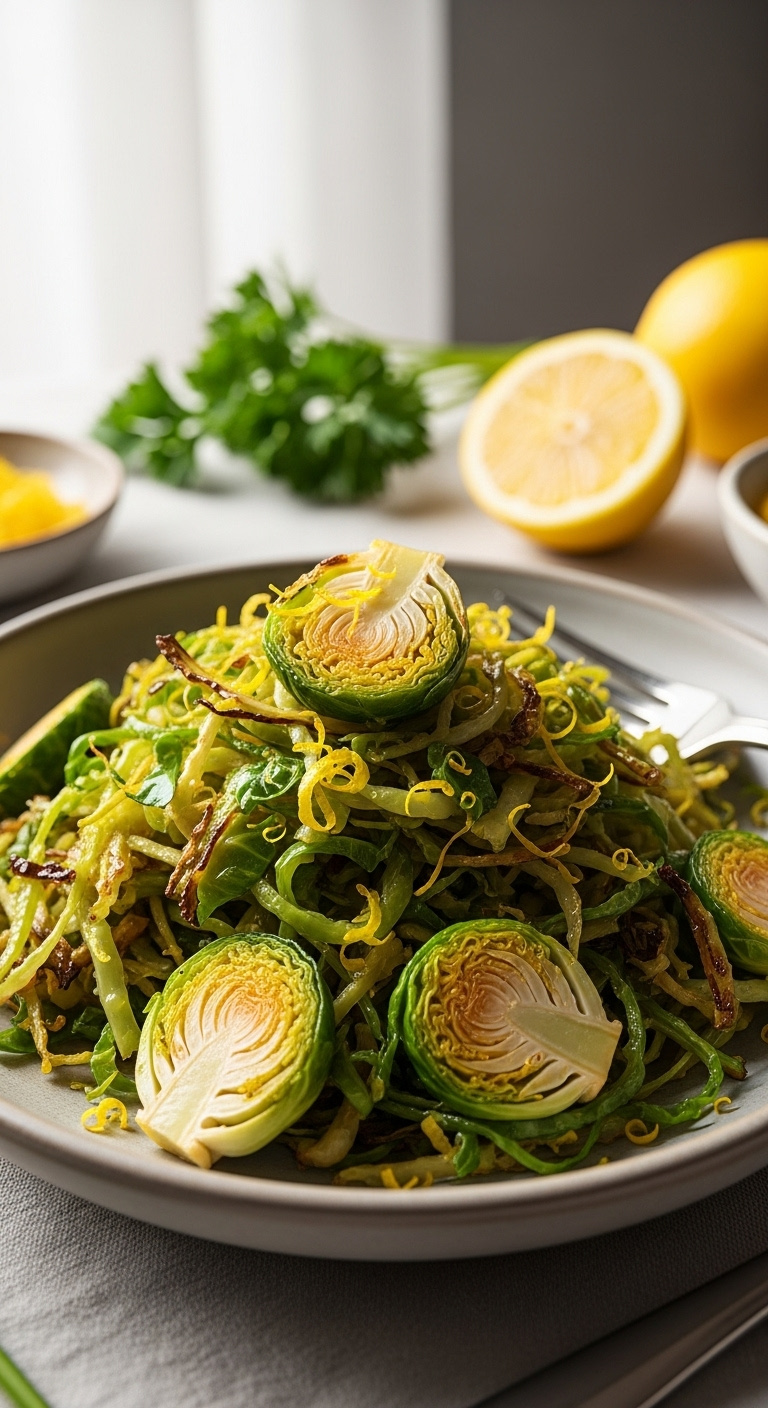Zesty Lemon Shredded Brussels Sprouts With Golden Brown Edges And Lemon Zest In A Stoneware Bowl With Lemon And Parsley