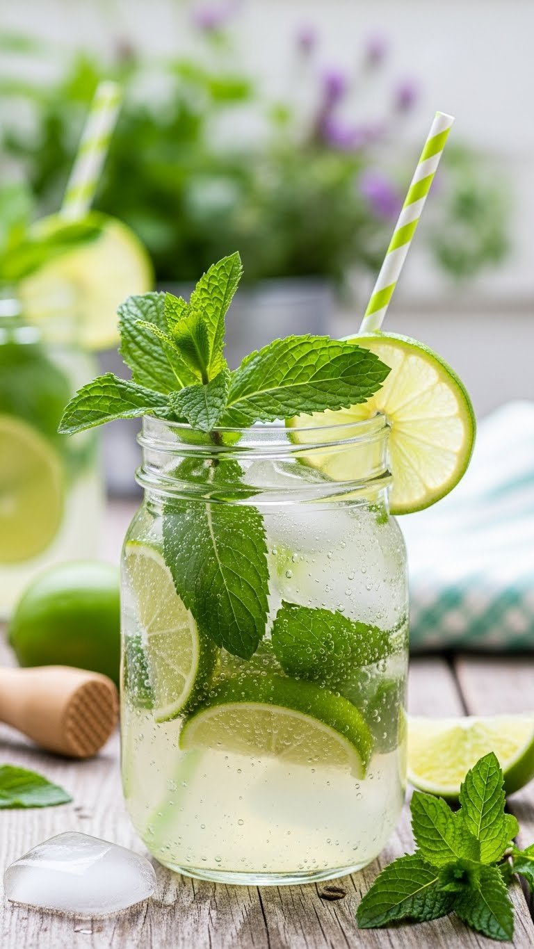 Zesty Lime And Mint Sprite Refresher In Rustic Mason Jar With Ice Cubes, Lime Wedges, And Fresh Mint Leaves On Weathered Wooden Table