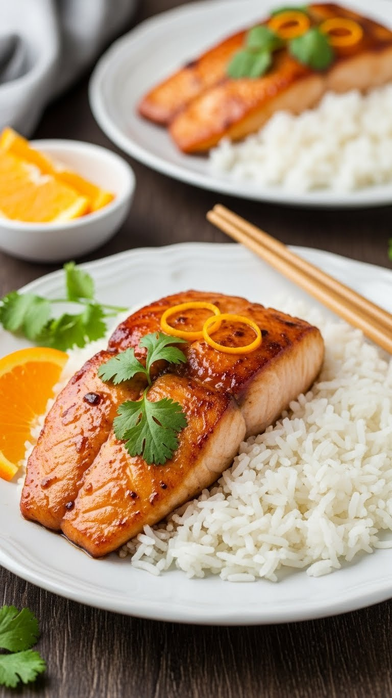 Zesty Orange Glazed Mahi-Mahi Fillets With Cilantro Garnish And White Rice On Porcelain Plate