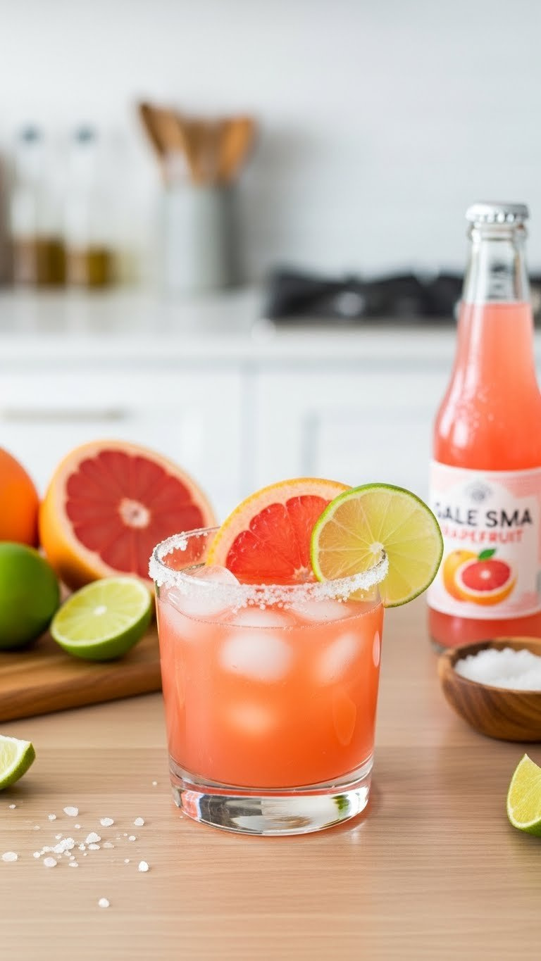 Zesty Paloma Cocktail In Salt-Rimmed Glass With Grapefruit Slice And Lime Wedge Sparkling With Carbonation.