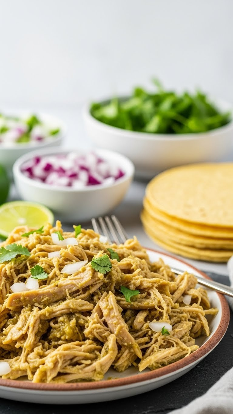 Zesty Salsa Verde Shredded Chicken With Warm Corn Tortillas Ready For Tacos In Rustic Serving Dish
