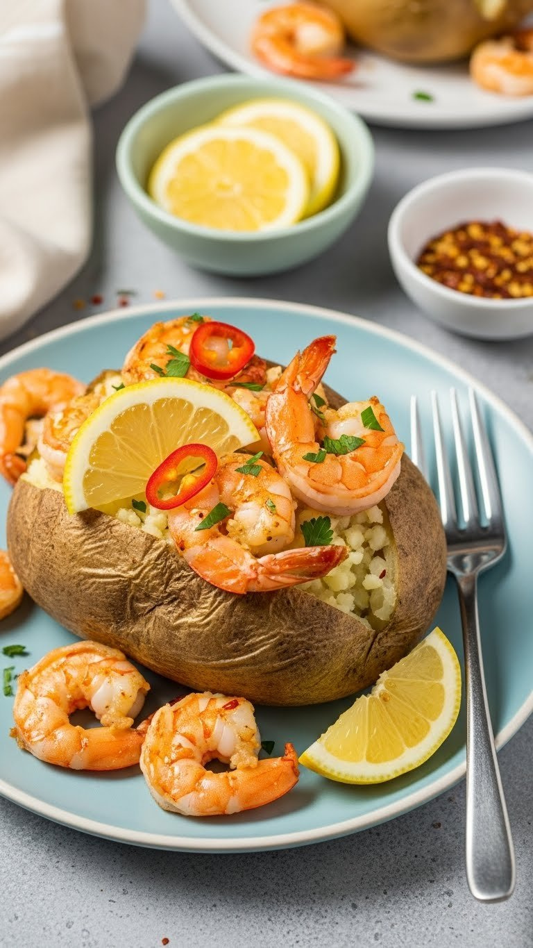 Zesty Shrimp Scampi Baked Potato With Garlic Butter Shrimp And Lemon Wedges On Light Blue Plate