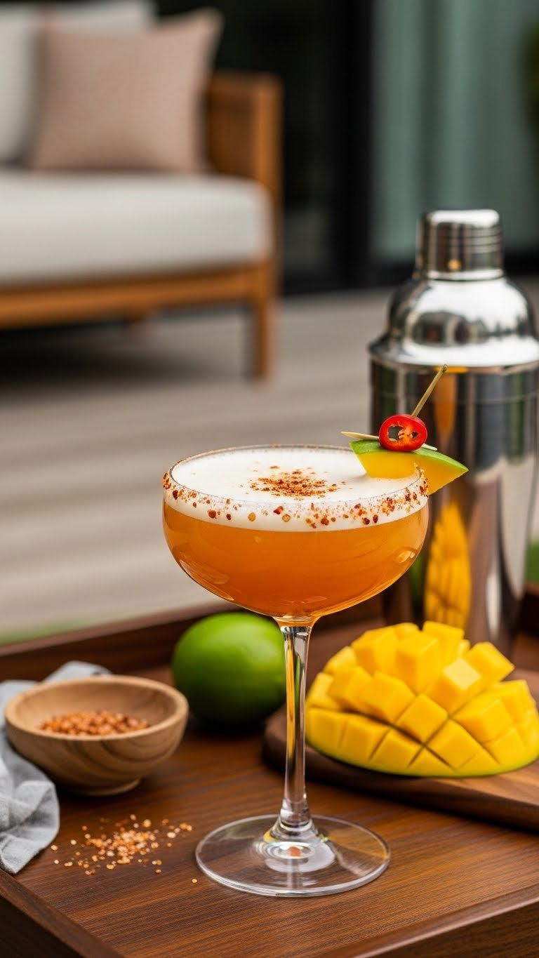 Zesty Spicy Mango Tango Mocktail In Coupe Glass With Chili-Lime Salt Rim And Fresh Mango Garnish On Dark Wooden Cart