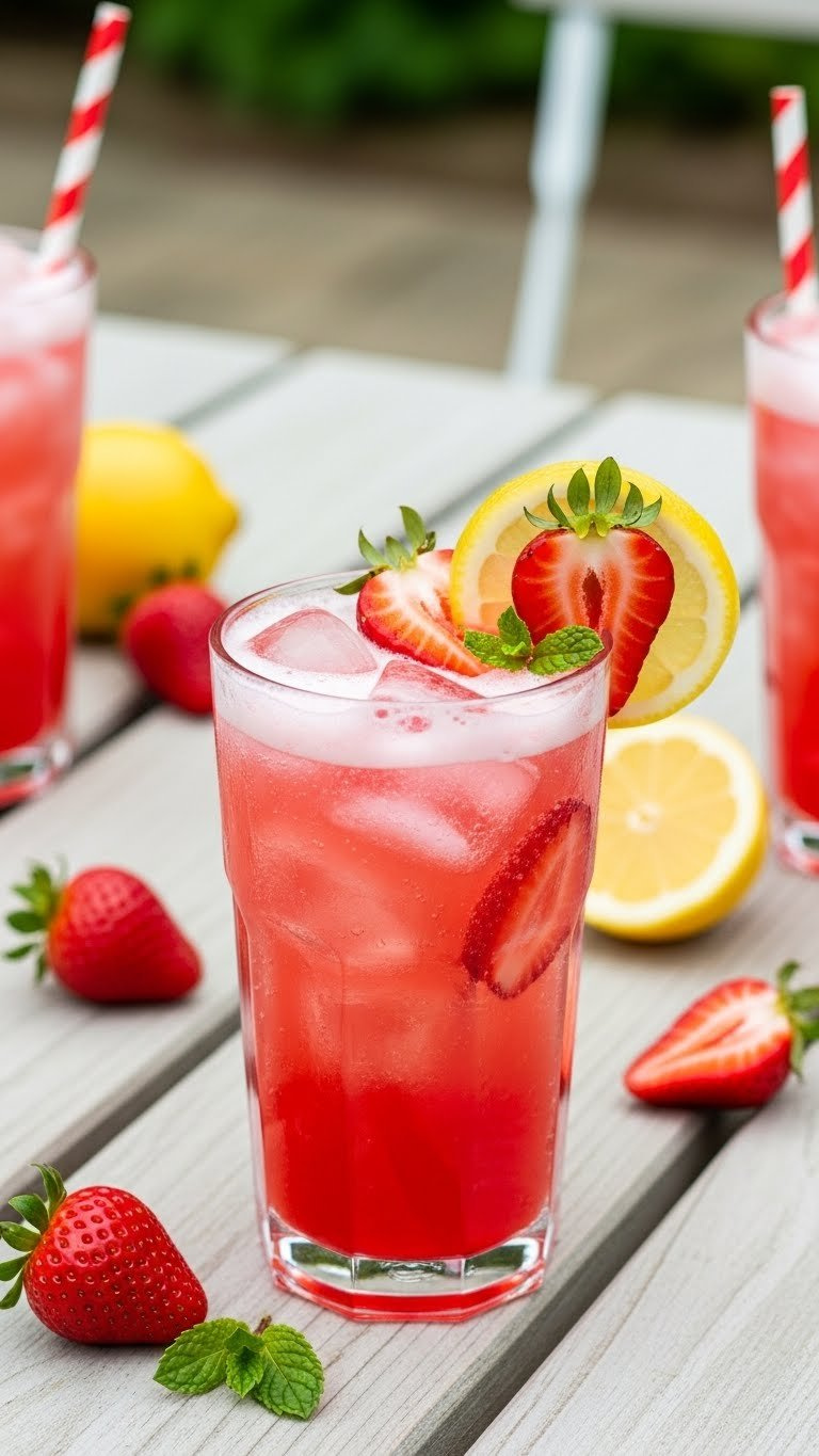 Zesty Strawberry Lemonade Italian Soda With Strawberry Slices And Lemon Wheel Garnish In Slender Glass On Picnic Table.