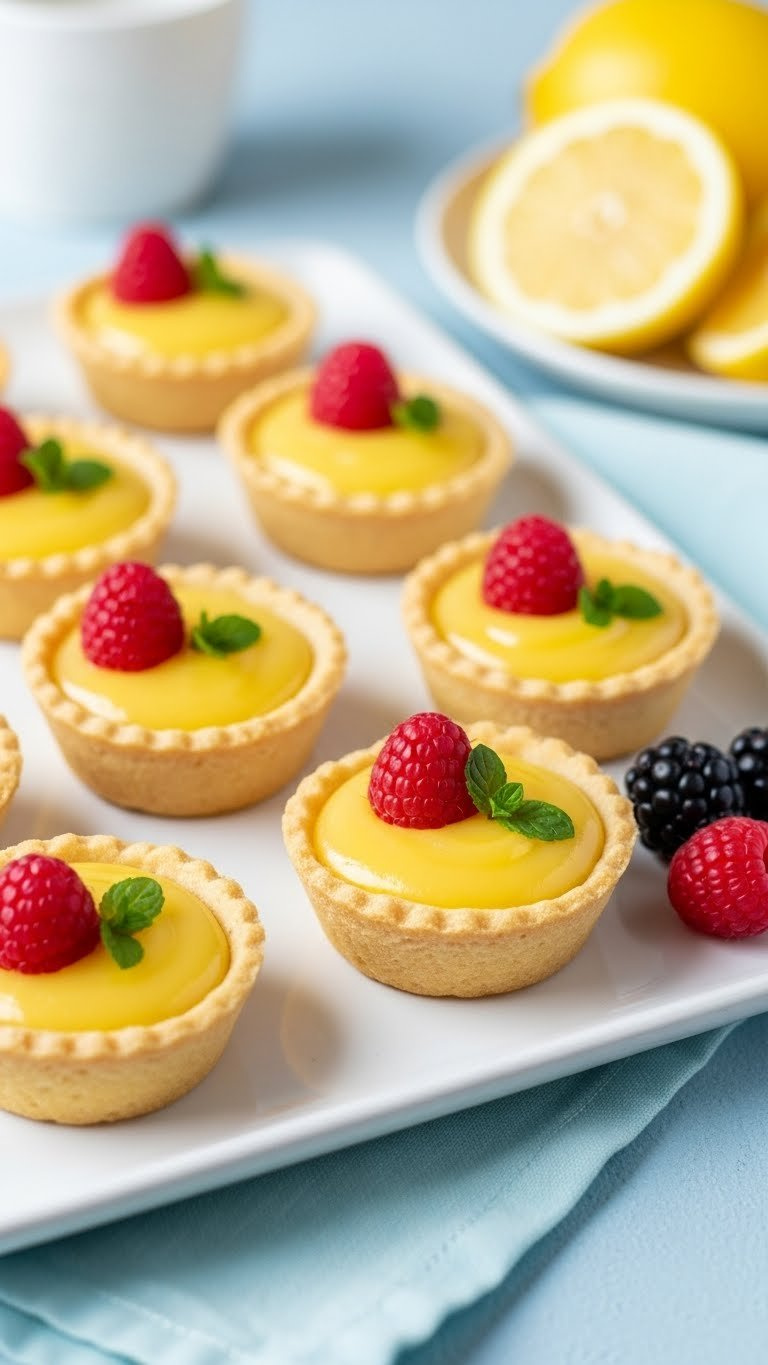 Zingy Mini Lemon Tarts With Golden Crust And Vibrant Yellow Lemon Curd Filling On White Ceramic Platter