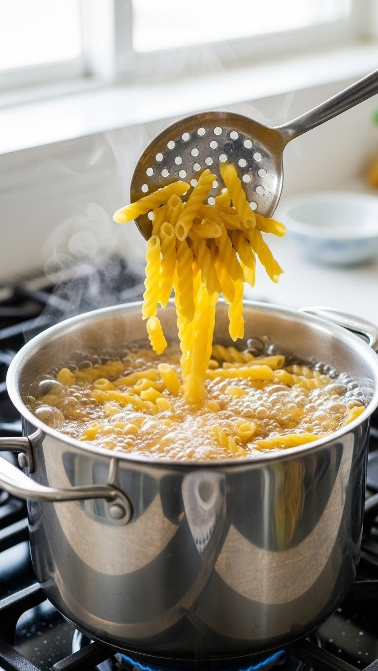 Ziti Pasta Boiling Vigorously In Stainless Steel Pot With Bubbling Water And Hollow Pasta Tubes Visible In Kitchen Setting.