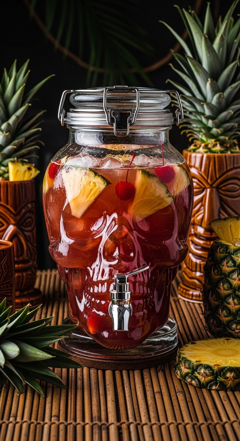 Zombie Apocalypse Punch In A Skull Dispenser With Pineapple And Cherries At A Tiki Bar For A Halloween Party