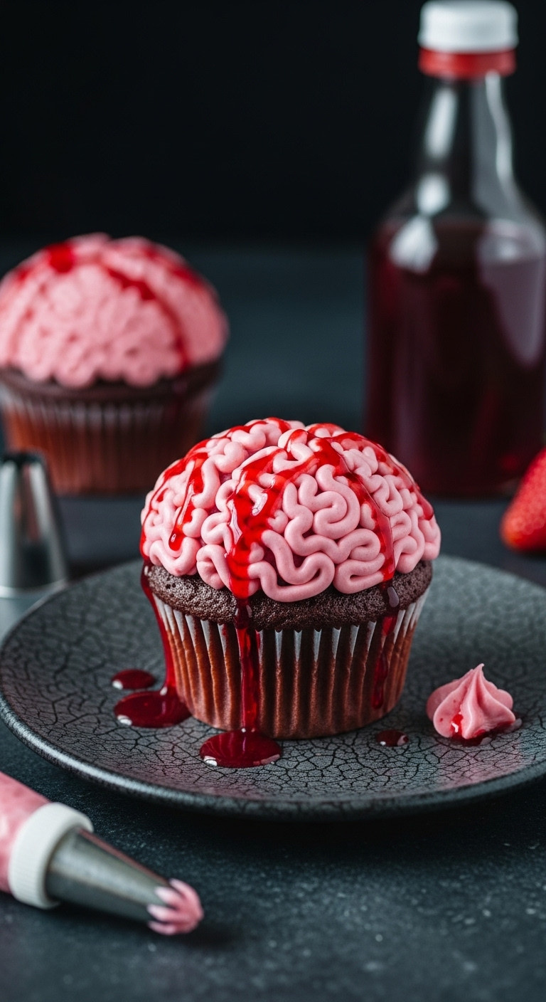 Zombie Brain Cupcakes With Pink Buttercream And Strawberry Syrup On A Chipped Ceramic Plate In A Dimly Lit Setting