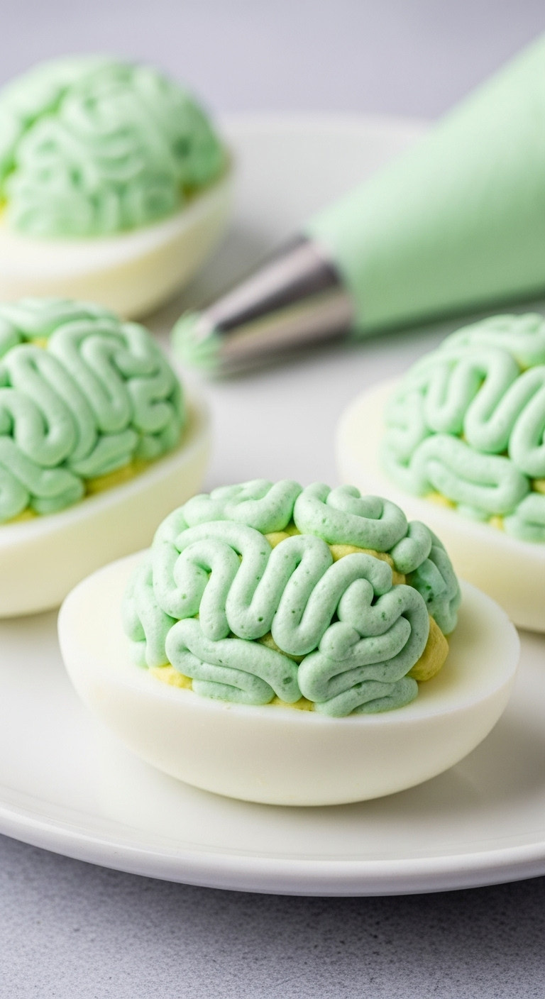 Zombie Brain Deviled Eggs With Sickly Mint Green Filling On A Simple White Dish Ideal For Creepy And Comical Halloween Appetizers