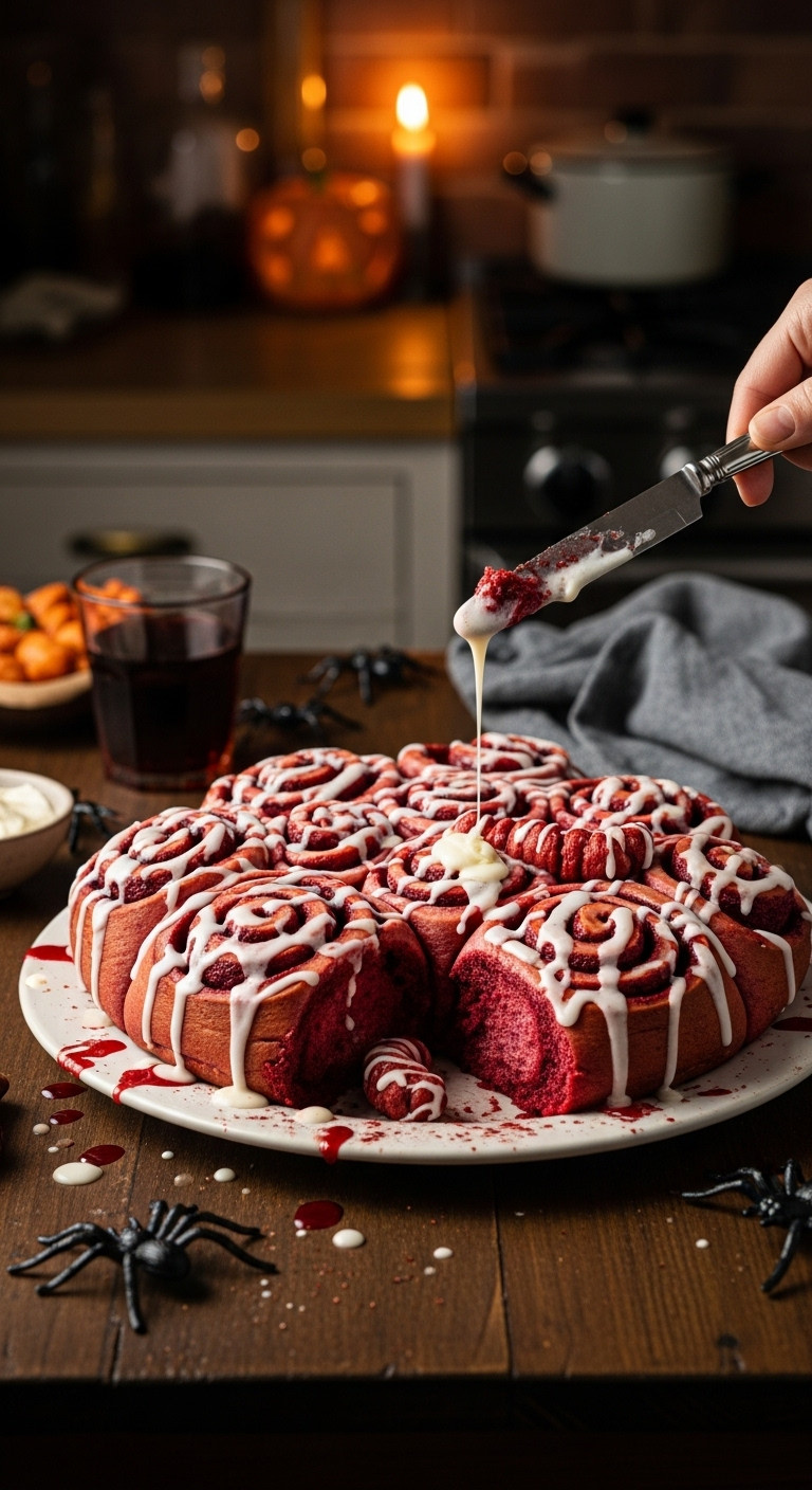 Zombie Guts Cinnamon Rolls With Red Velvet Dough And Gooey Cream Cheese Glaze For A Spooky Halloween Brunch