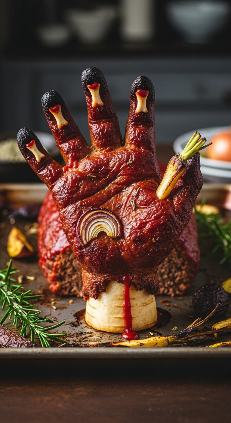 Zombie Meatloaf Hand With Ketchup Glaze Onion Fingernails And A Bone On A Rustic Metal Baking Sheet