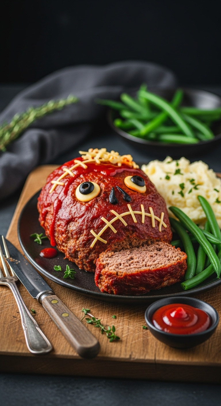 Zombie Meatloaf Shaped Like A Head With Ketchup Glaze, Pasta Stitches, And Olive Eyes, On A Rustic Board For Halloween.