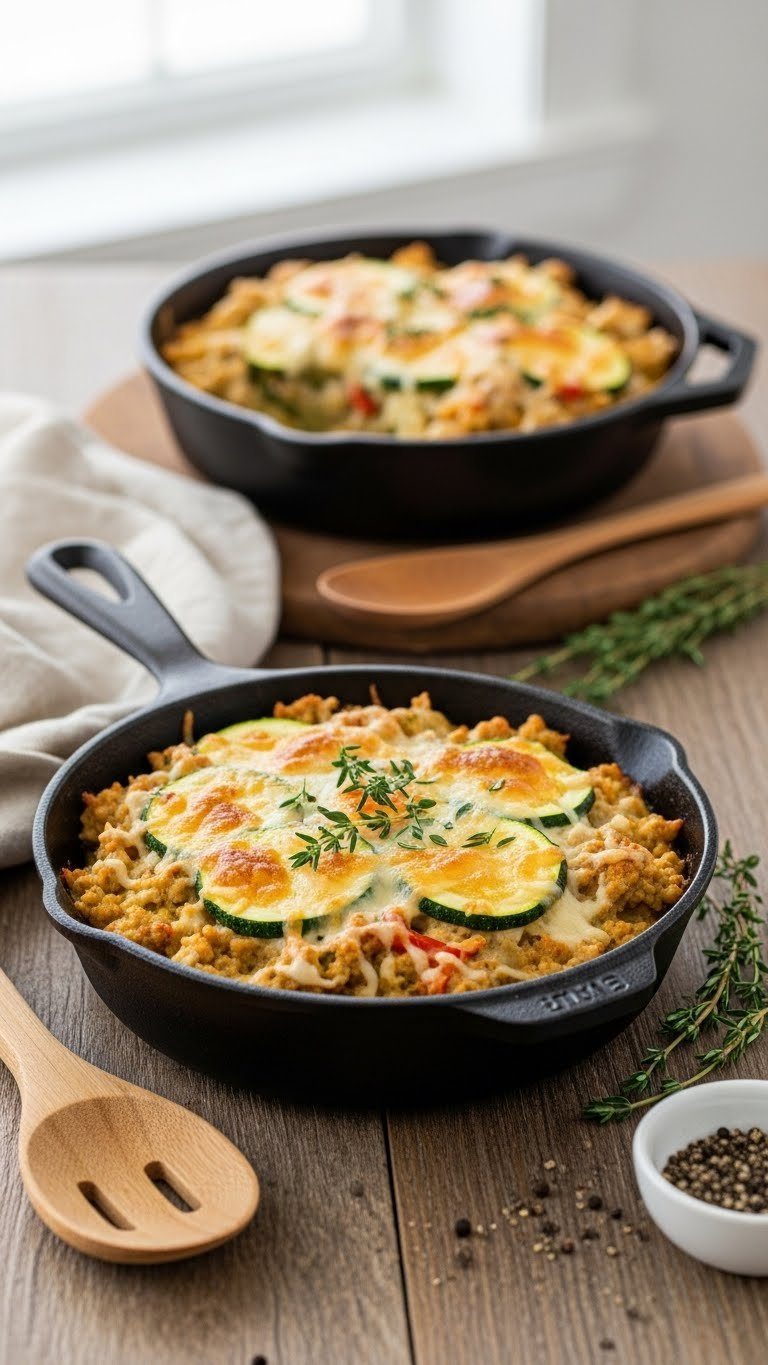 Zucchini And Ground Turkey Skillet Bake With Melted Cheese Crust In Cast Iron Skillet On Wooden Table With Thyme Garnish