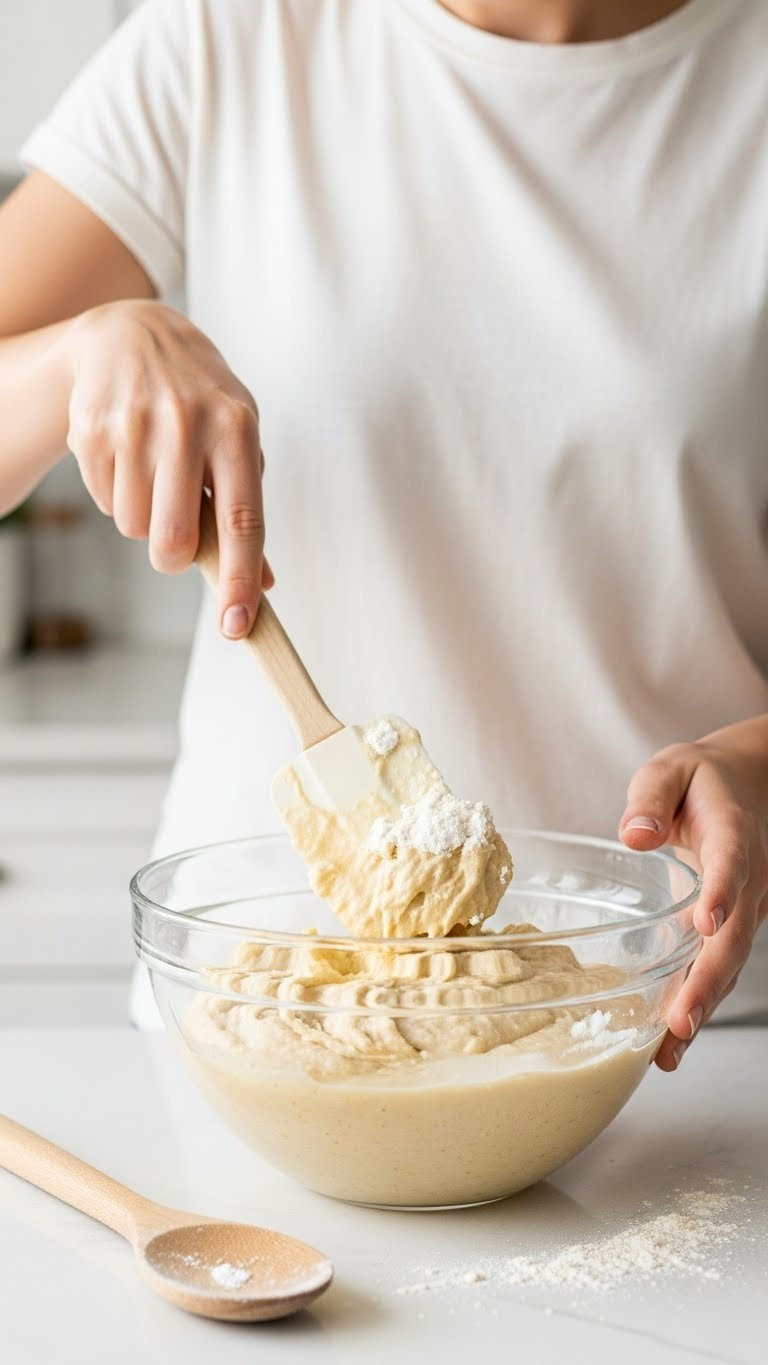 Zucchini Bread Batter Mixing Process With Spatula Folding Wet And Dry Ingredients Together In Large Bowl