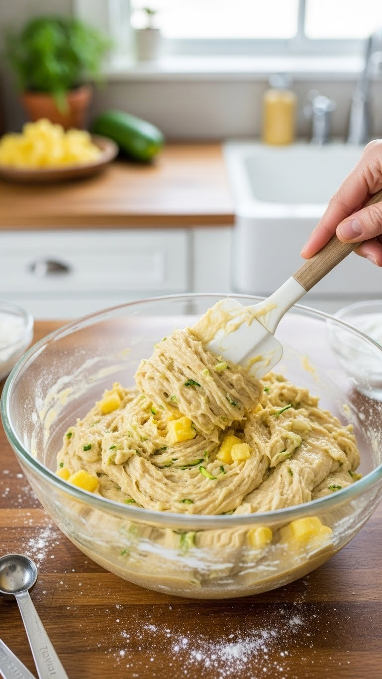 Zucchini Pineapple Bread Batter Being Folded With Spatula In Mixing Bowl On Rustic Wooden Island