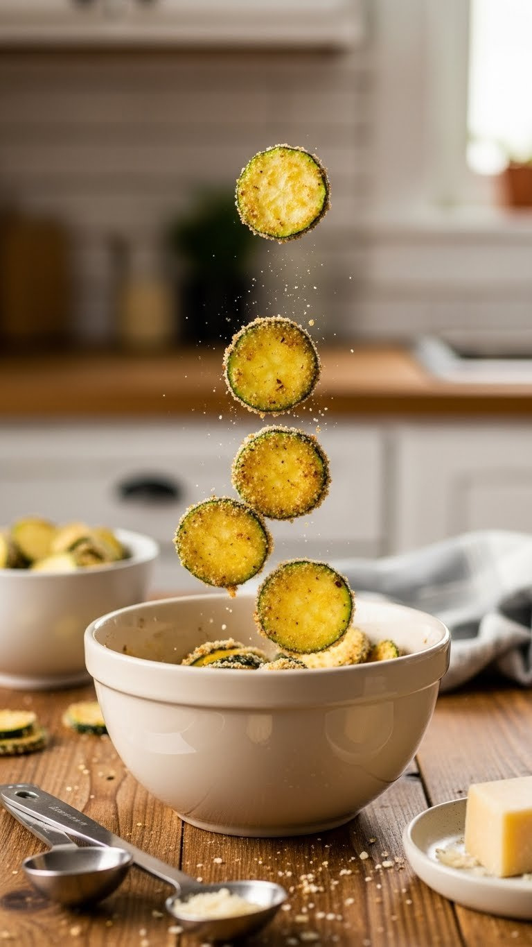 Zucchini Slices Being Tossed In Golden-Brown Breading Mixture In Ceramic Bowl On Rustic Wooden Table.